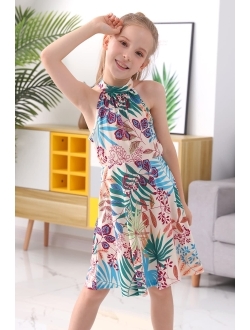 GORLYA Girl's Halter Neck Cold Shoulder Sleeveless Summer Casual Sundress A-line Dress with Pockets for 4-12 Years