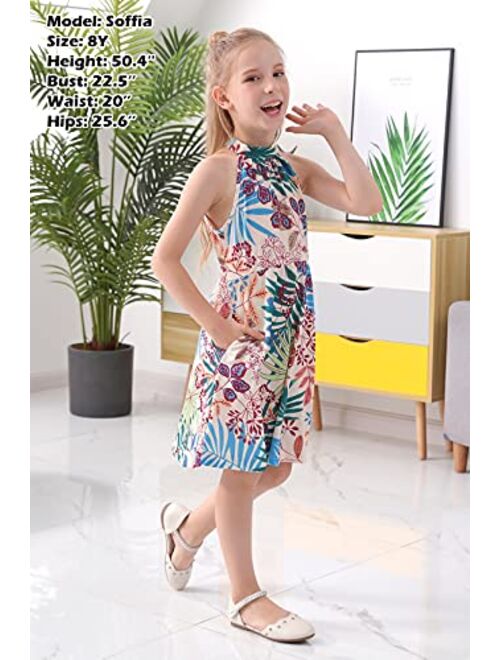 GORLYA Girl's Halter Neck Cold Shoulder Sleeveless Summer Casual Sundress A-line Dress with Pockets for 4-12 Years