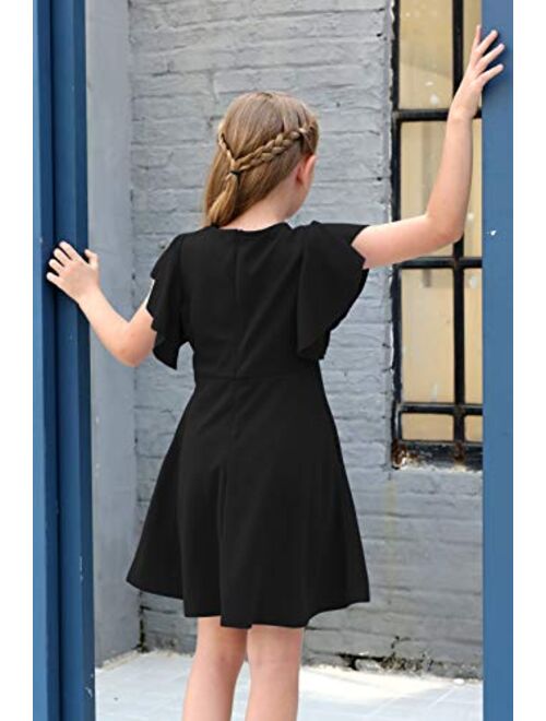 GORLYA Girl's Flutter Sleeve Stretchy A-Line Swing Flared Skater Party Dress with Pockets for 4-12 Years Kids