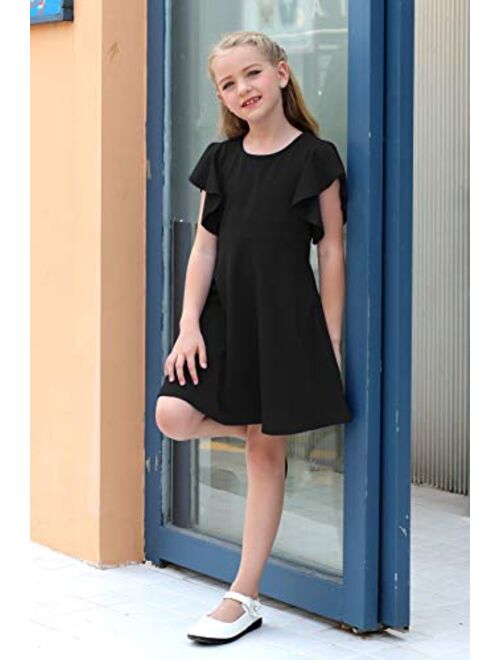 GORLYA Girl's Flutter Sleeve Stretchy A-Line Swing Flared Skater Party Dress with Pockets for 4-12 Years Kids