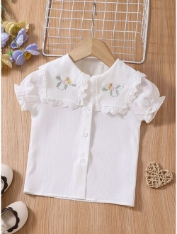 Toddler Girls Floral Embroidered Sailor Collar Puff Sleeve Blouse