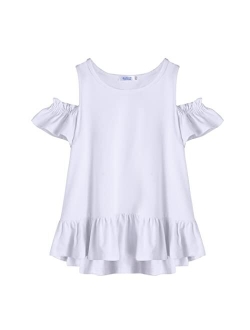 Girls T-Shirts Short Sleeve with Cold Shoulder Ruffle Hem Blouse Cute Floral Print Tee Tops