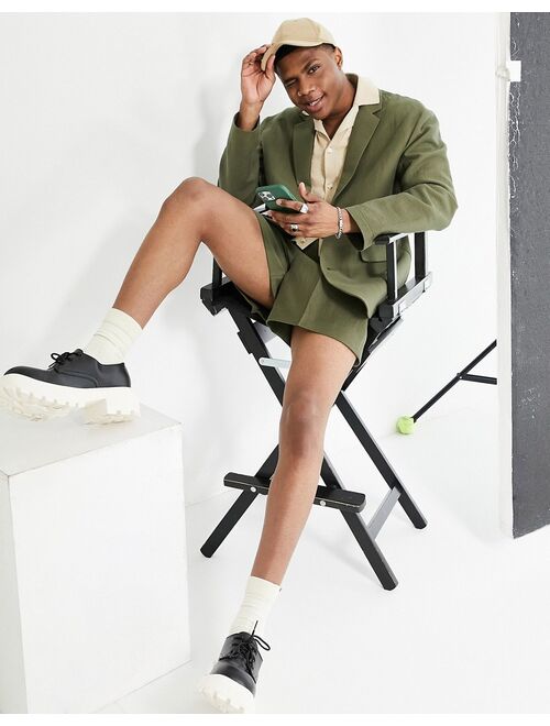 ASOS DESIGN wide leg shorts in khaki green crinkle texture