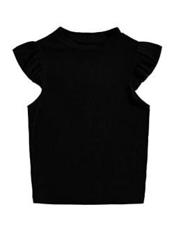 Kids Girl's Crew Neck Sleeveless Tops Ruffle Trim Solid Color Cute T-Shirt Blouse Pullover 5-14 Years