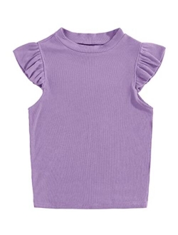 Kids Girl's Crew Neck Sleeveless Tops Ruffle Trim Solid Color Cute T-Shirt Blouse Pullover 5-14 Years