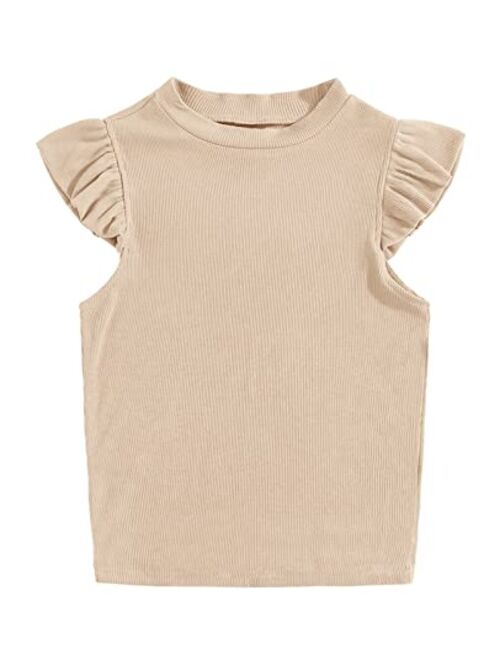 Meilidress Kids Girl's Crew Neck Sleeveless Tops Ruffle Trim Solid Color Cute T-Shirt Blouse Pullover 5-14 Years
