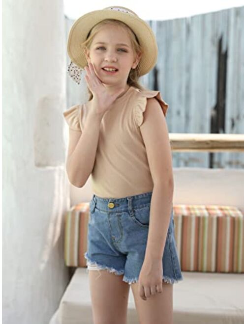 Meilidress Kids Girl's Crew Neck Sleeveless Tops Ruffle Trim Solid Color Cute T-Shirt Blouse Pullover 5-14 Years