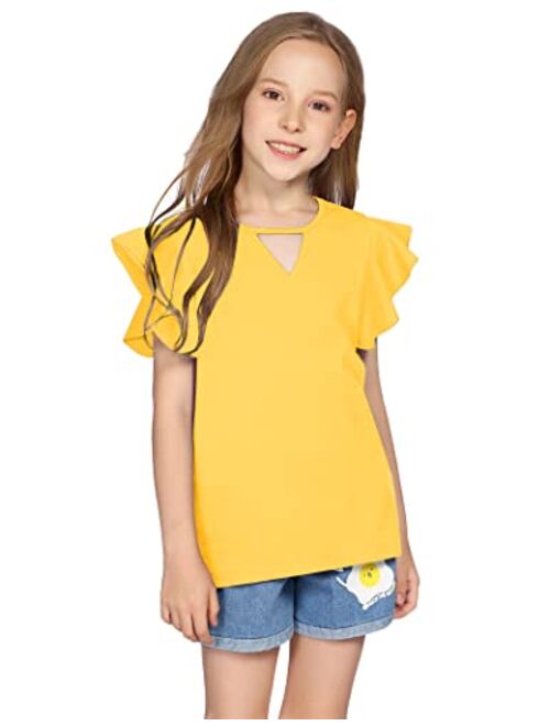 Hopeac Girls Shirts Short Sleeve Tee Ruffle Solid Summer Keyhole Neck Cotton Blouse Tops