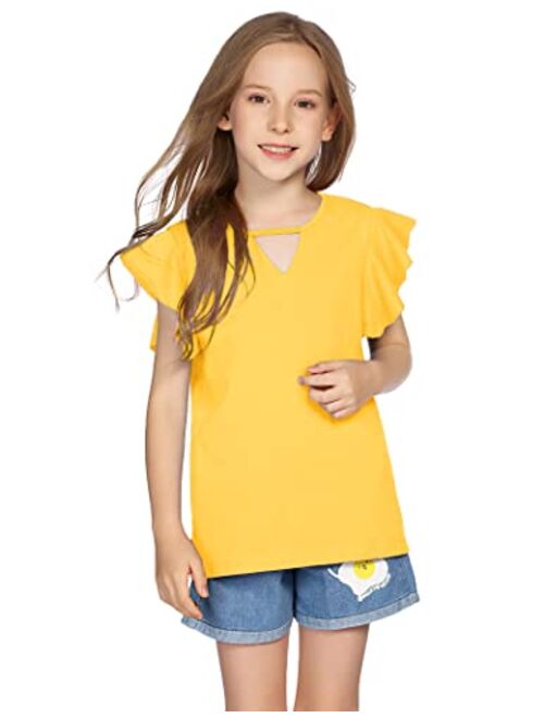 Hopeac Girls Shirts Short Sleeve Tee Ruffle Solid Summer Keyhole Neck Cotton Blouse Tops