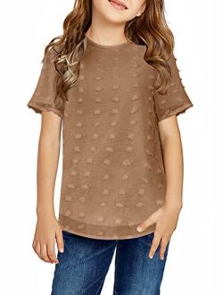 Girls Short Sleeve Chiffon Blouses Casual Round Neck Tee Shirts Loose Tops