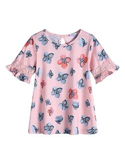 Girls T-Shirt Kids Casual Tunic Tops Lace Short Sleeve Loose Soft Blouse