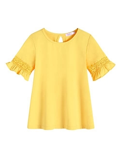 Girls T-Shirt Kids Casual Tunic Tops Lace Short Sleeve Loose Soft Blouse