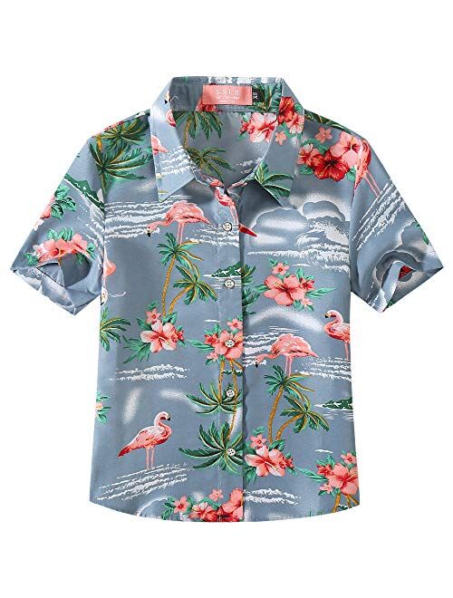 SSLR Youth Big Girls Hawaiian Shirt Casual Short Sleeve Button Down Shirt
