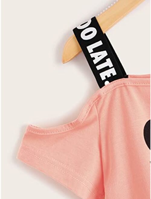 Milumia Girl Letter Tape Asymmetrical Neck Tee Slogan Off Shoulder Short Sleeve Tops