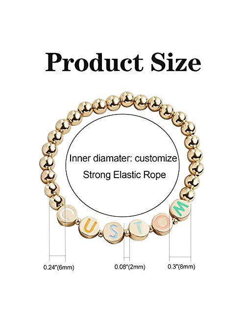 FERIER Personalized Beads Bracelets Gold Plated Handmade Letter Name Number Beads Stretch Bracelet Customize Disc Pisa Bracelets for Women Men Mother Daughter Girlfriend