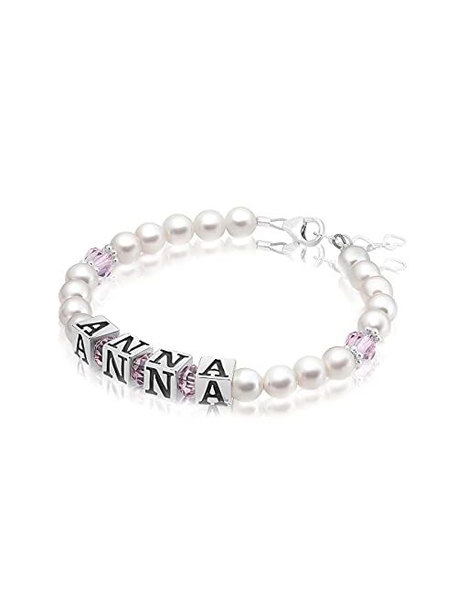 Baby Crystals Custom Name Pearl Bracelet, Sterling Silver Initial Handmade alphabet beads with your Name, Pearl Bracelets for Girls with Pink European crystals, Personali