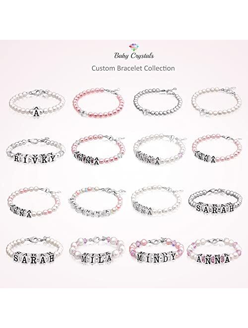 Baby Crystals Custom Name Pearl Bracelet, Sterling Silver Initial Handmade alphabet beads with your Name, Pearl Bracelets for Girls with Pink European crystals, Personali