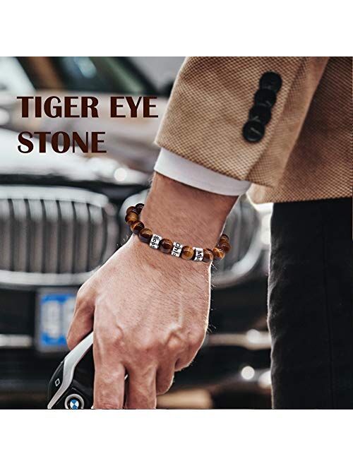 Orfan Personalized Stone Beads Bracelets for Men Lava Beads Bracelet Tiger Eye Beads Bracelet with Custom Name Engraved Bracelet for Fathers Day