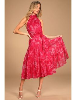 Float to You Hot Pink Floral Print Halter-Neck Tiered Midi Dress