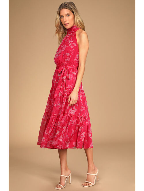 Lulus Float to You Hot Pink Floral Print Halter-Neck Tiered Midi Dress