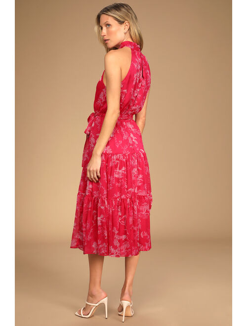 Lulus Float to You Hot Pink Floral Print Halter-Neck Tiered Midi Dress