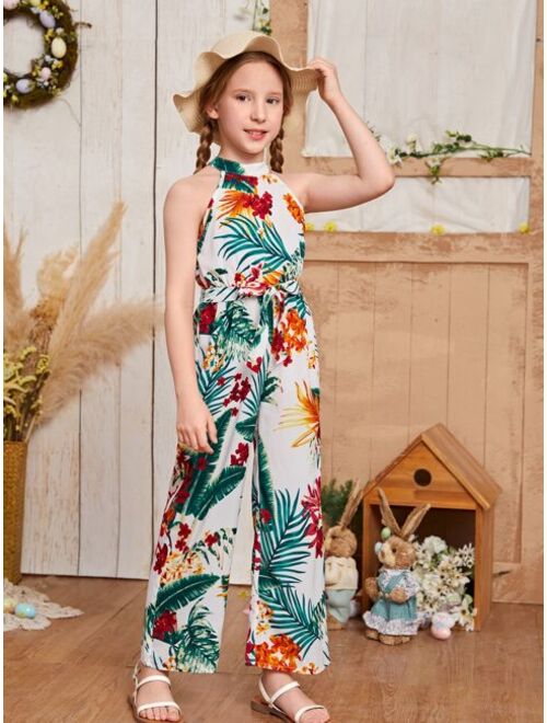 SHEIN Girls Tropical Print Belted Halter Jumpsuit