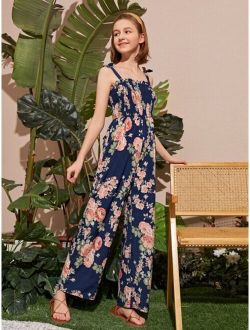 Teen Girls Floral Print Shirred Jumpsuit