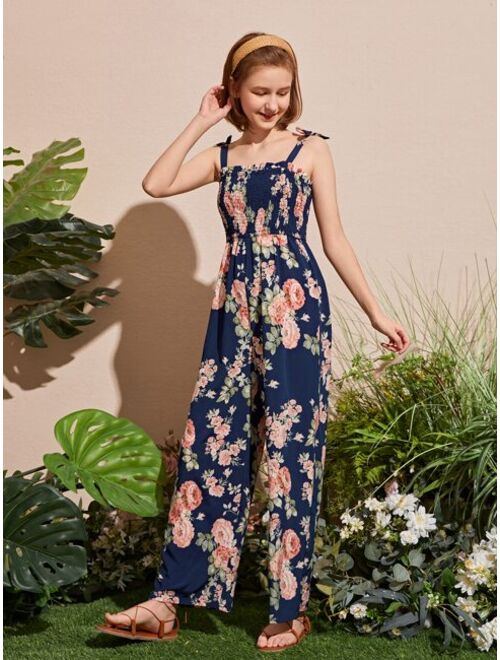 SHEIN Teen Girls Floral Print Shirred Jumpsuit