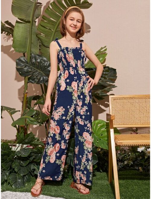 SHEIN Teen Girls Floral Print Shirred Jumpsuit