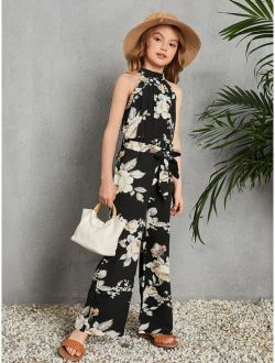 Girls Floral Print Fold Pleated Belted Wide Leg Jumpsuit