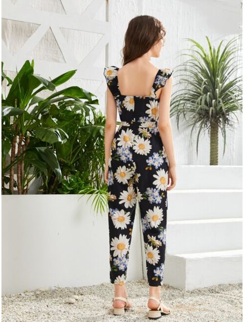 SHEIN Teen Girls Square Neck Floral Print Belted Jumpsuit