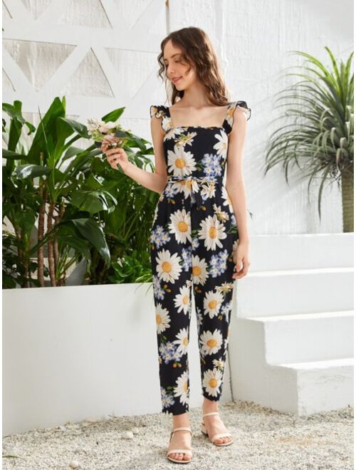 SHEIN Teen Girls Square Neck Floral Print Belted Jumpsuit
