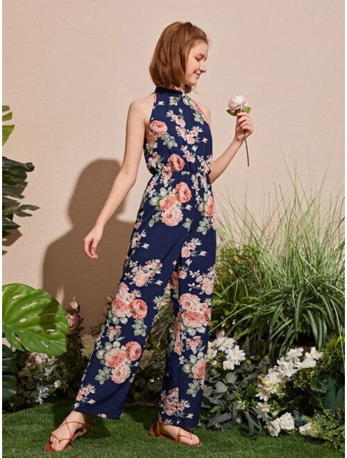 SHEIN Teen Girls Floral Print Sleeveless Jumpsuit
