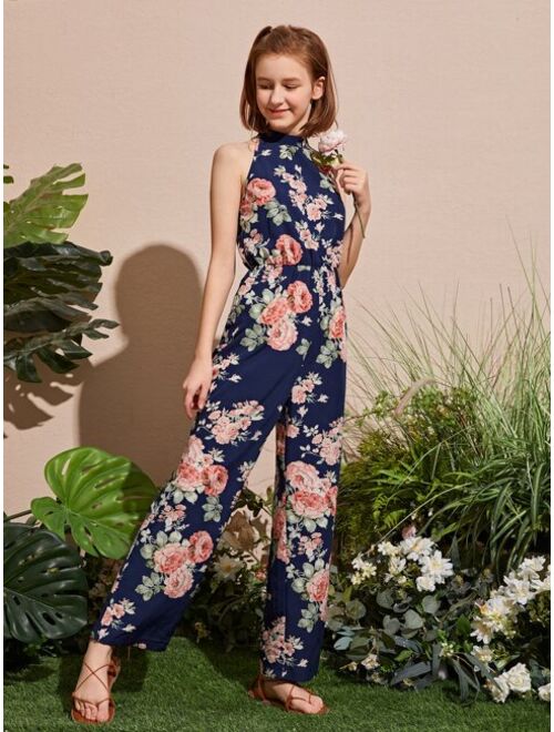 SHEIN Teen Girls Floral Print Sleeveless Jumpsuit