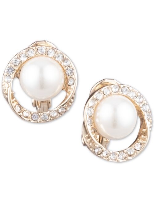 Anne Klein Gold-Tone Pave & Imitation Pearl Halo E-Z Comfort Clip-On Button Earrings