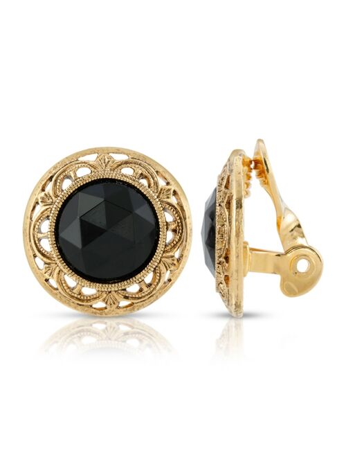 2028 Gold Tone Round Black Faceted Stone Clip Earrings