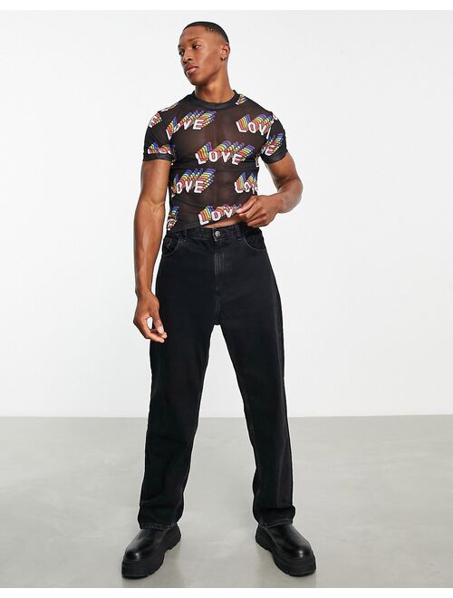 ASOS DESIGN crop muscle t-shirt in black mesh with print in recycled polyester