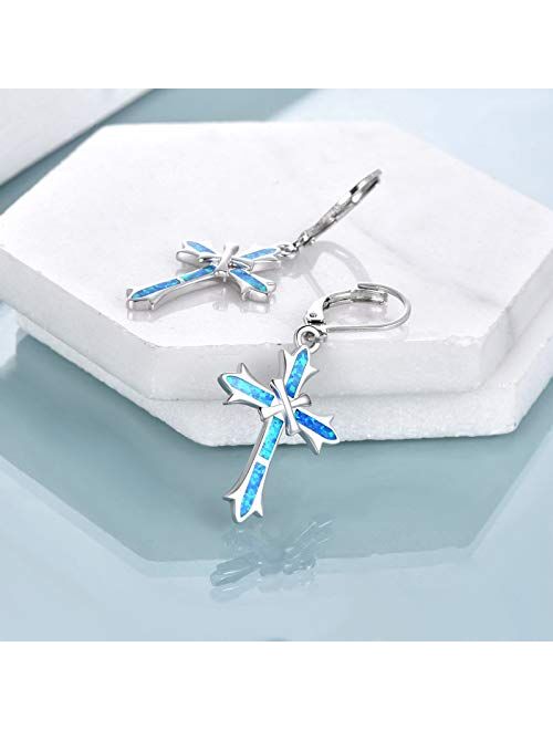 ONEFINITY Opal Cross Earrings Sterling Silver Cross Dangle Drop Earring Cross Leverback Earrings Cross Jewelry for Women Girls