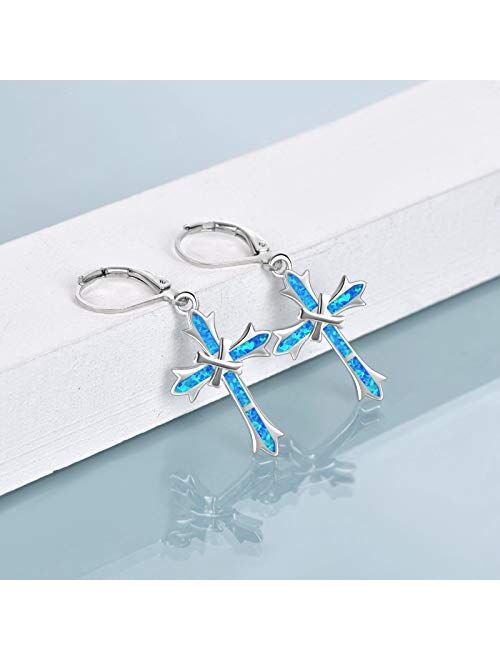 ONEFINITY Opal Cross Earrings Sterling Silver Cross Dangle Drop Earring Cross Leverback Earrings Cross Jewelry for Women Girls