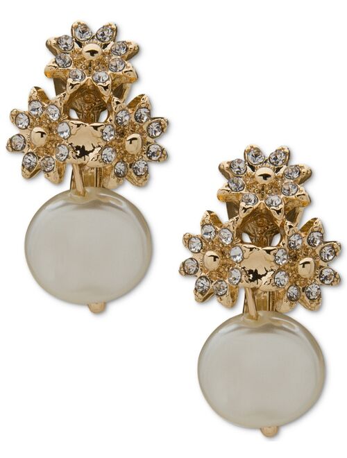 Anne Klein Gold-Tone Pave Flower & Imitation Pearl Button Clip-On Drop Earrings