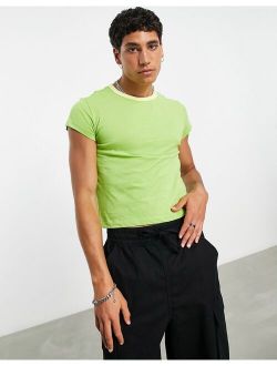 muscle fit cropped T-shirt in green with yellow contrast ringer
