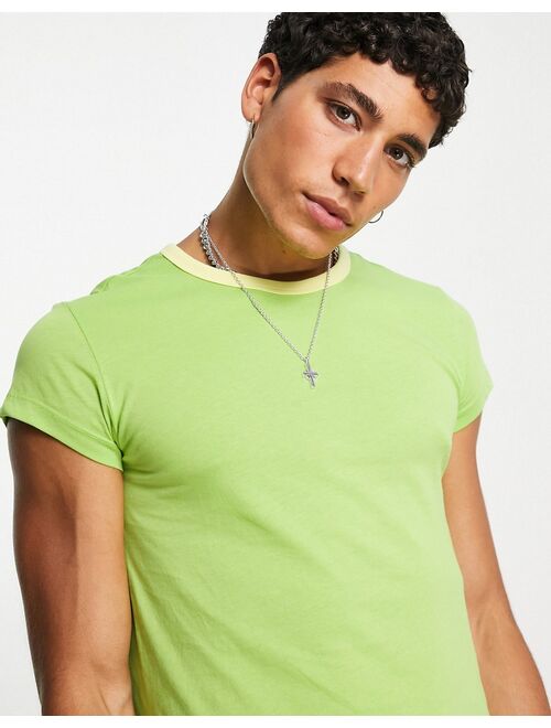 ASOS DESIGN muscle fit cropped T-shirt in green with yellow contrast ringer