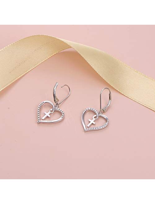 Alphm S925 Sterling Silver Heart Dangle Drop Leverback Clasp Lever back Earrings for Women
