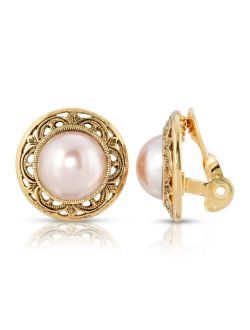 2028 Gold Tone Imitation Pearl Round Button Clip Earrings