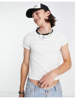 muscle fit cropped t-shirt in white with black contrast ringer