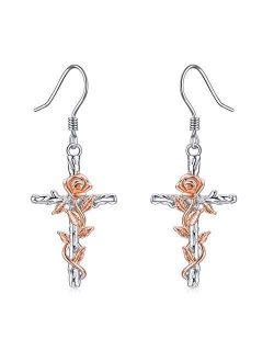 LUHE Cross Earrings Sterling Silver Rose Flower Cross Dangle Earrings Jewelry Gifts for women Teen Girls