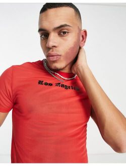 skinny cropped t-shirt in red mesh wit Los Angeles city print