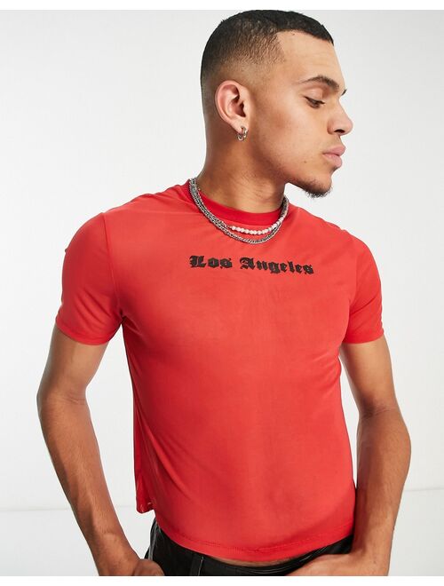 ASOS DESIGN skinny cropped t-shirt in red mesh wit Los Angeles city print