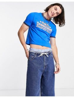 skinny cropped ringer T-shirt in blue with anime front print