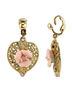 1928 Gold Tone Filigree Pink Rose Detail Heart Drop Earrings